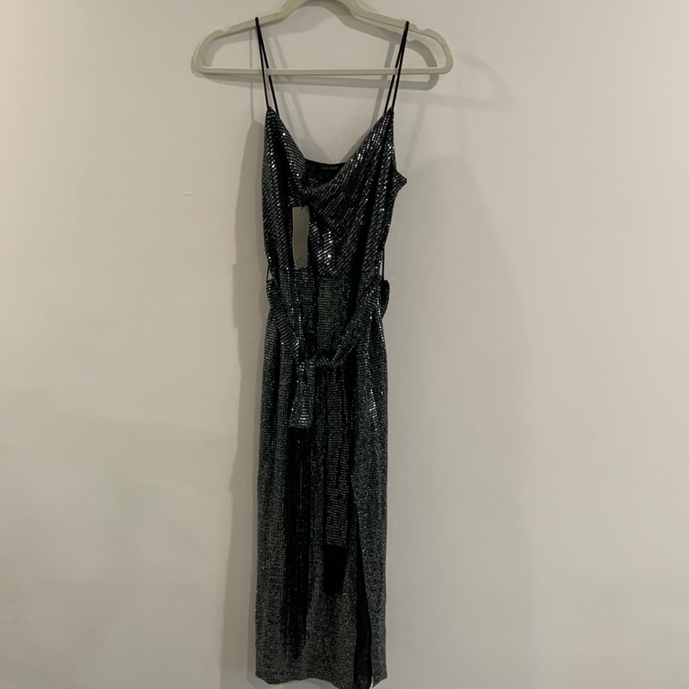 Zara Black with Sewn in Sequin Dress Tank Straps Belt with Tassels Women Size XS